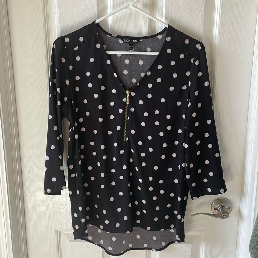 Express Shirt Top Black Polka Dot 3/4 Sleeve Long Short size small s modern